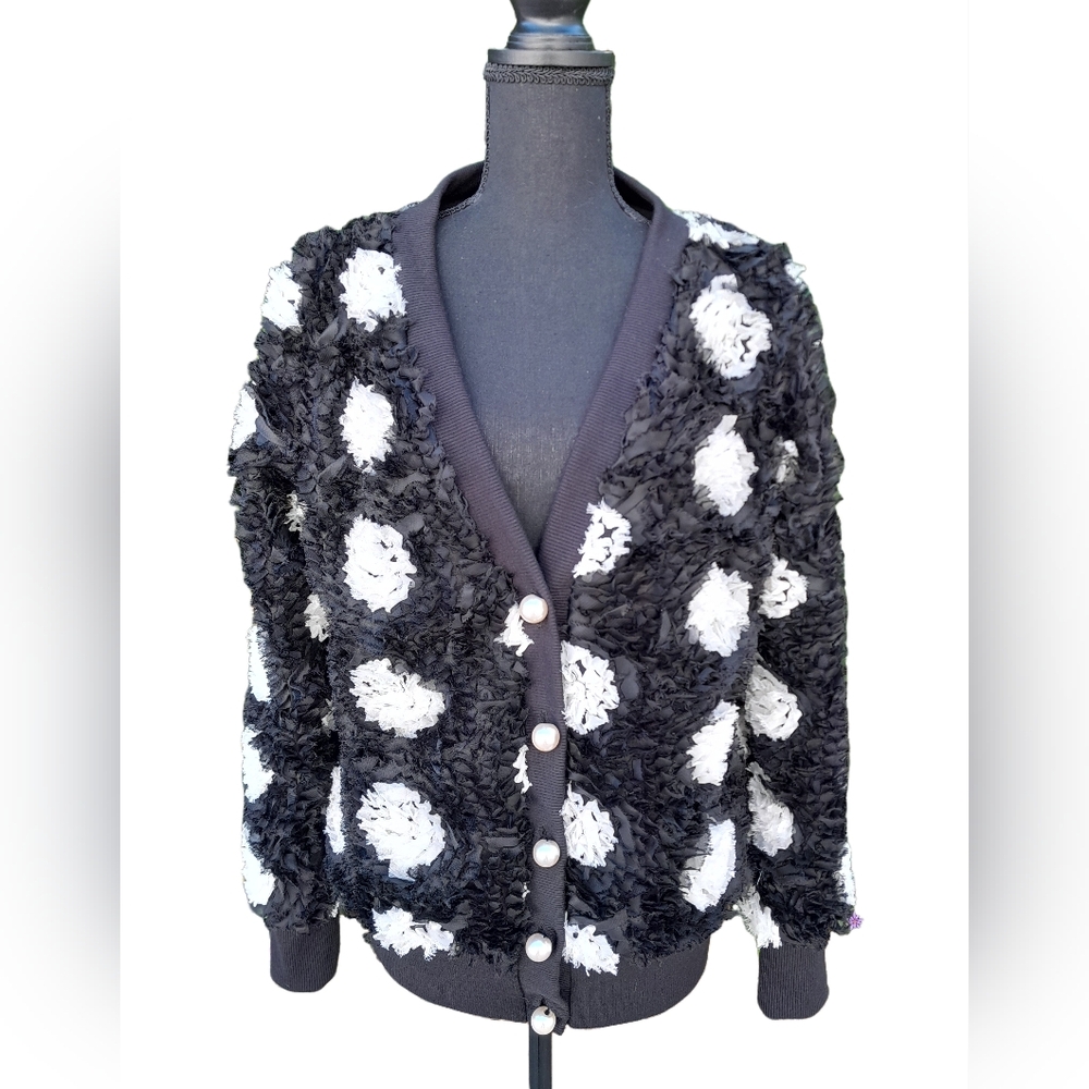 OO LALA women's black with white cardigan sweater SIZE LARGE